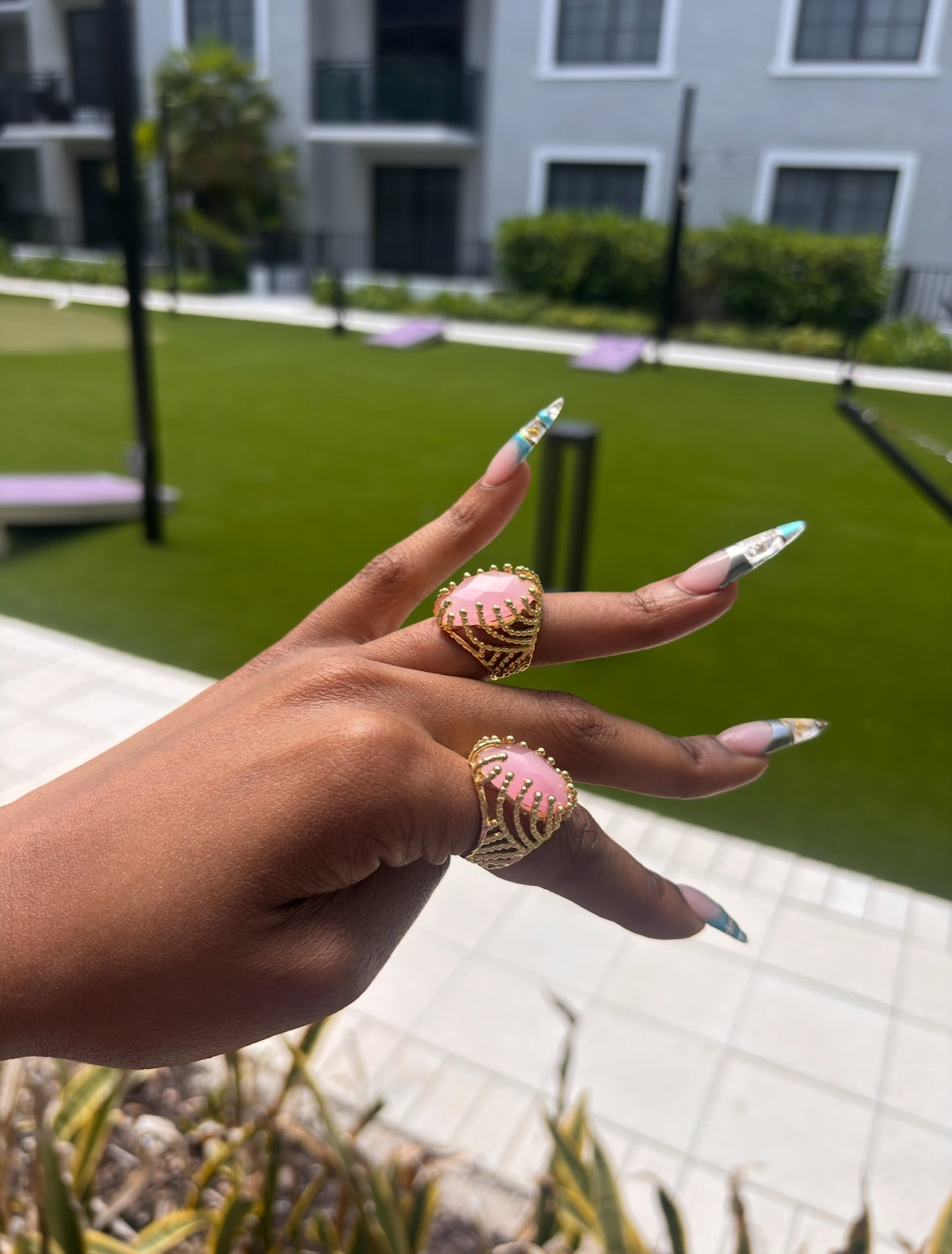 Pink Venom- Blush Stone & Dripping Gold Statement Ring
